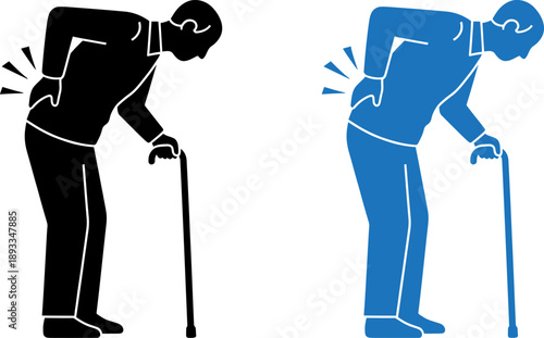 Illustration of elderly man with back pain using cane for support, highlighting health issues and pain management