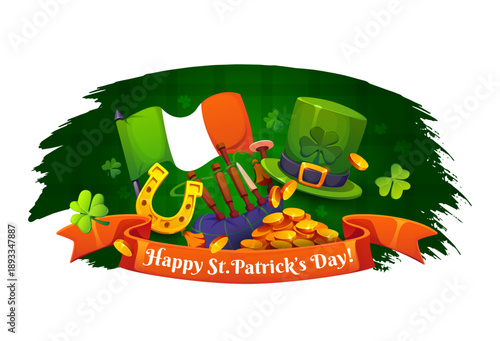 Happy St Patrick's day holiday banner or flyer. Ireland party vector flyer. Saint Patric holiday festival poster or banner with leprechaun hat, Ireland flag, golden horseshoe, golden coins and bagpipe