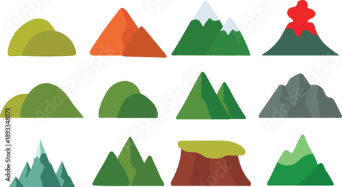 Stylized Mountain and Hill Icon Set Flat Geology Illustrations for Educational and Design Use