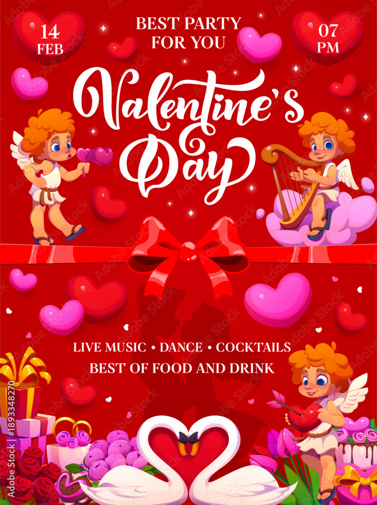 Fototapeta premium Valentine Day party flyer of cartoon funny Cupids, love hearts and romantic couple vector silhouette. Cute cherub Cupids, gifts, flowers and sweets, red ribbons and bow on Valentine Day party flyer
