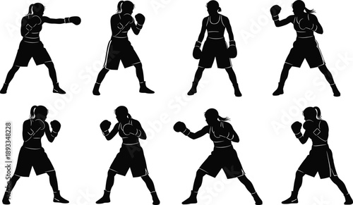 Female boxer silhouettes showing fighting stances and punching action, dynamic athlete poses isolated in black for boxing, fitness, and combat sport illustration