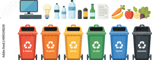 Waste Sorting & Recycling Bin Infographic Plastic, Paper, Glass, Metal, Organic, and Electronic Waste