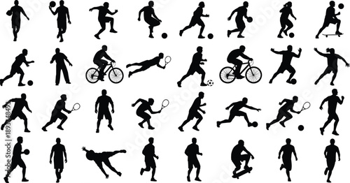 Large collection of sports activity silhouettes featuring athletes in motion, dynamic human action poses isolated in black for fitness and training design