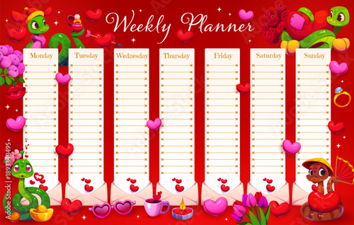 Kids weekly planner schedule with Valentine Day love hearts and lovely characters. Weekly timetable schedule and daily week planner vector template, cute snakes, romantic gifts, love hearts, flowers