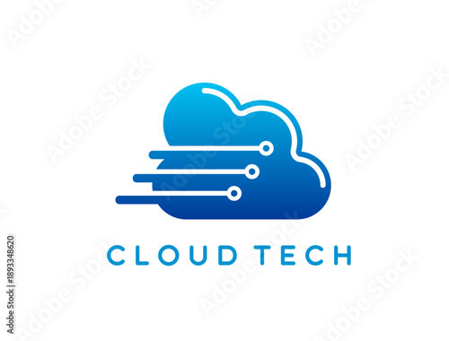 Cloud technology and data hosting service icon. Cloud technology service vector icon, data hosting software company emblem. Network solution business symbol with blue cloud and motherboard traces