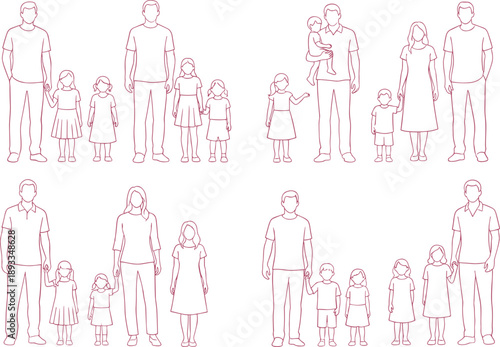 Line art family people illustration set showing parents and children together, simple outline characters representing family life, relationships, unity, and togetherness concept