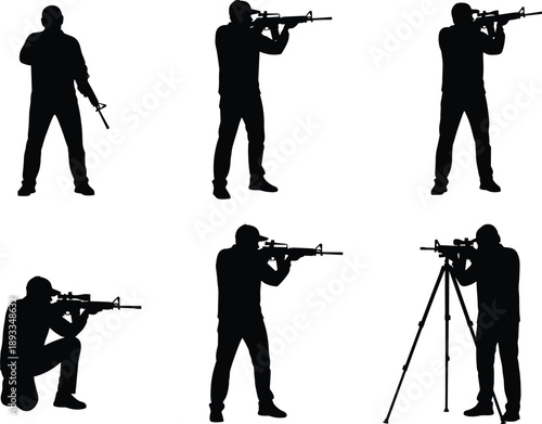 Military shooter silhouette collection showing rifle aiming stances and tactical positions, armed human figures isolated in black for defense, security, and training concept