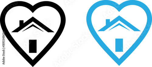 Heart shaped house location icons in black and blue