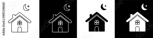 Minimalist house icons at night with crescent moon and star, symbolizing home and comfort