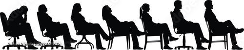 People sitting on chairs silhouette illustration, waiting room queue concept with men and women seated profiles, office furniture human posture black vector design
