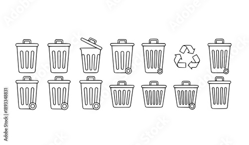 Trash and Recycle Bin Flat Outline Icons for Delete Remove and Clear UI Actions Vector Set