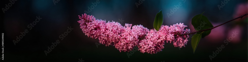 Obraz premium Spring pink flowers clustering on a branch for florist website header, dense floral arrangement in a garden setting with copy space for social media advertising