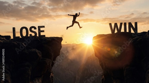 Man jumping between cliffs with lose and win signs at sunrise or sunset on transparent background