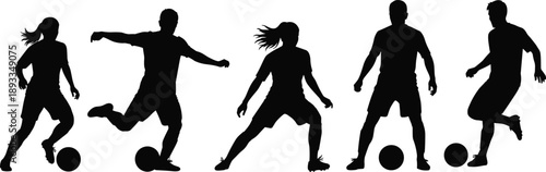 Soccer player silhouette collection showing dribbling and kicking actions, dynamic male and female athletes isolated in black for football training and team sport concept