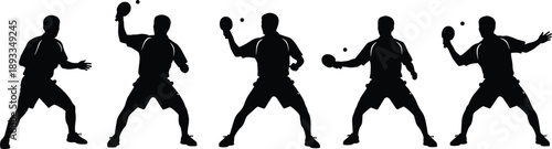 Table tennis player silhouettes showing paddle swings and ball control, dynamic athletic poses isolated in black for sport training illustration