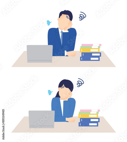 残業する疲れたビジネスパーソンのイラストベクター素材