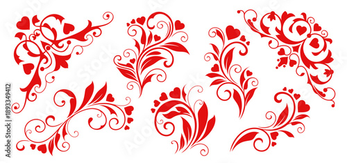 Heart flourish decorations for Valentine day greetings, featuring red hearts motifs and floral swirls. Vector set of romantic ornate swirling, love decorative patterns with stems, leaves and curves