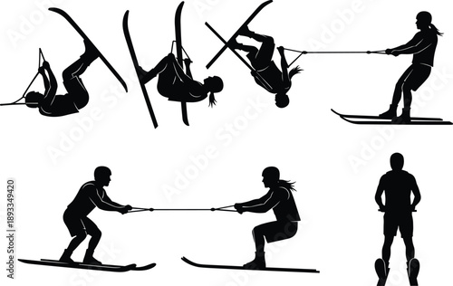 Water skiing silhouettes showing freestyle tricks and towing action, dynamic human poses isolated in black for extreme sport and outdoor activity concept