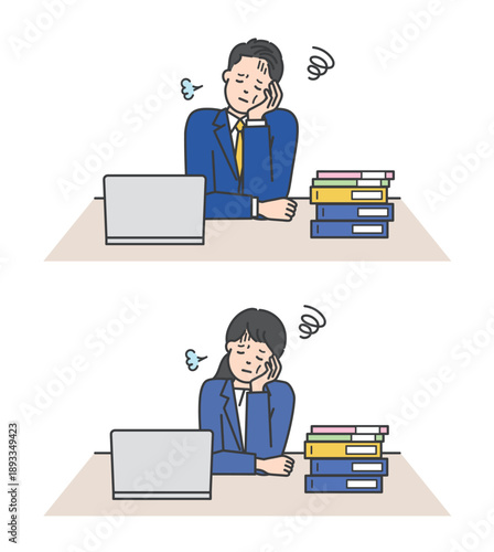 残業する疲れたビジネスパーソンのイラストベクター素材