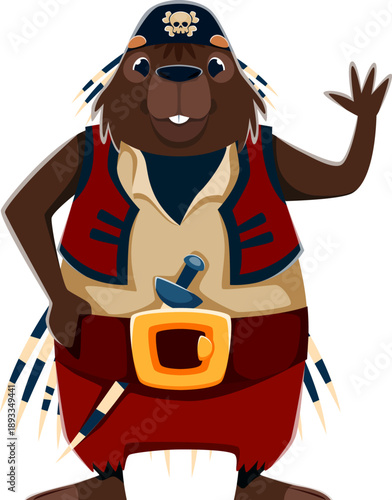 Cartoon porcupine animal pirate crew character wearing a skull embroidered bandana, red vest, beige shirt, wide belt with buckle, and carrying a dagger, waving cheerfully with a friendly expression