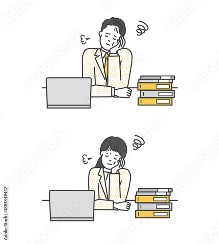 残業する疲れたビジネスパーソンのイラストベクター素材