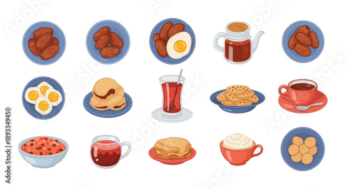 Assorted Breakfast Foods and Beverages on Plates.
