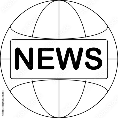 Minimalist globe with NEWS text vector icon in black and white, modern media and global communication symbol for journalism and broadcasting design