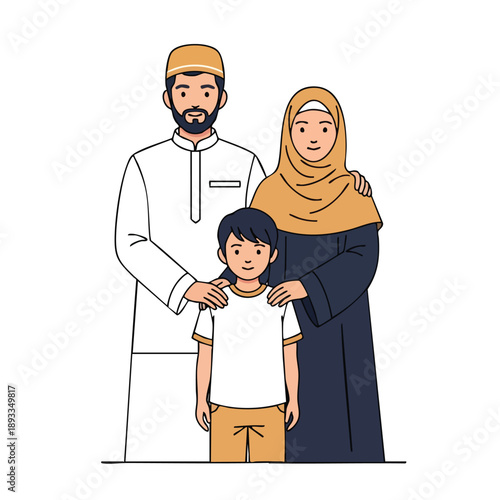 A cartoon illustration of a Muslim family, consisting of a man, woman, and child, standing together in traditional attire against a clean white background with a warm and cute mood.