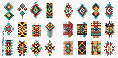 Set of colorful geometric tribal patterns and ethnic ornaments for design elements.