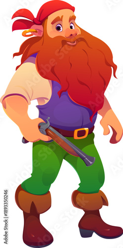 Cartoon pirate and corsair character with bushy beard holding pistol gun. Vector sea rover personage wearing red sailor bandana, green pants, vest and boots. Brave and funny medieval sea swashbuckler