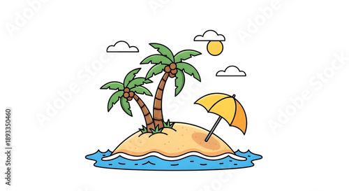 Tropical island with palm trees and umbrella isolated on a transparent background sand water