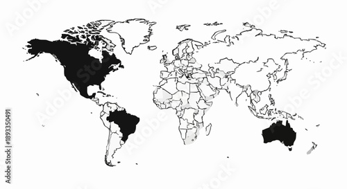 World map showing highlighted continents and countries.