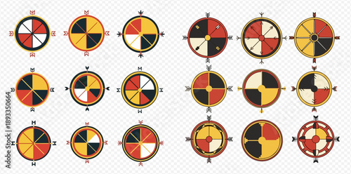 Set of diverse medicine wheel symbols with cardinal directions and traditional colors.
