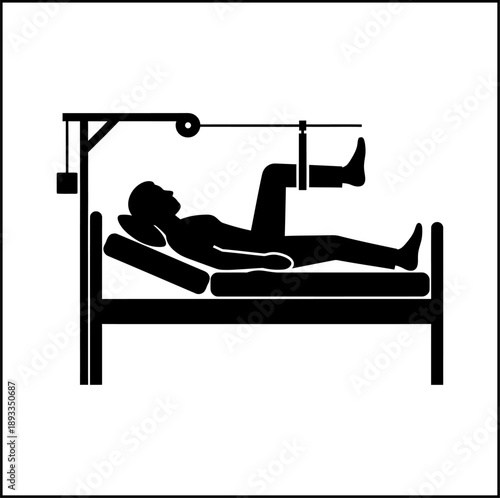 Patient undergoing physical therapy on a hospital bed with traction equipment