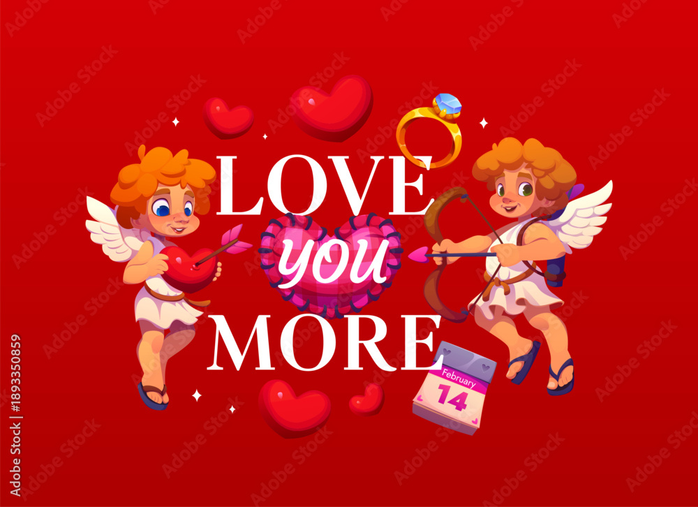 Naklejka premium Love you more Valentine Day quote phrase with funny Cupid cherubs characters, love arrow and pierced heart vector greeting card. Cartoon Cupids with cute Valentine Day quote, hearts and wedding rings