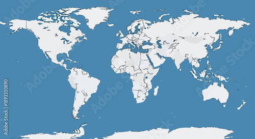 World map showing continents and oceans in blue and white.