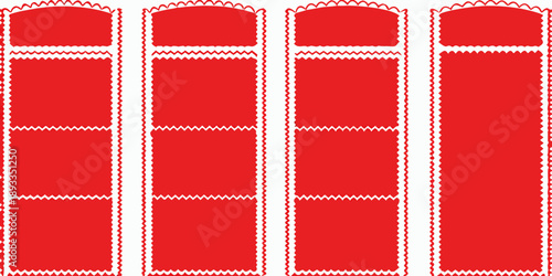Four red rectangular panels with decorative white zigzag borders illustration