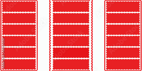 Three rows of rectangular red labels with decorative scalloped edges