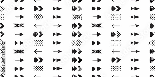 A repetitive pattern of black arrow and geometric shapes on a white background