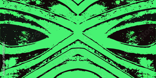 A striking symmetrical green mask with bold dark eye sockets and shapes