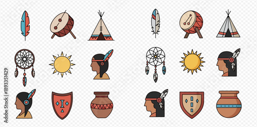 Native American cultural symbols and elements in a colorful flat icon set.