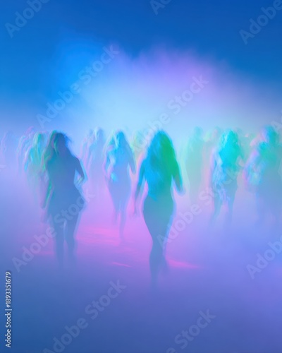 Group of people dancing through colorful holi dust powder for cultural celebration and event advertising, featuring blurry dreamlike silhouettes in soft purple tones