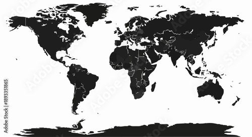 World Map Silhouette Black and White Continents Geography.