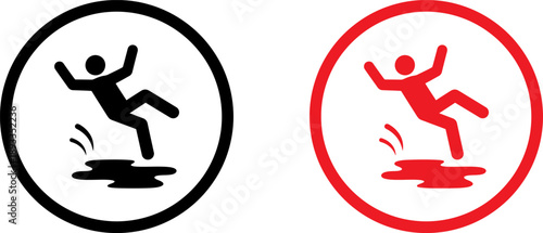 Slipping hazard warning icons in black and red, perfect for safety signage and risk alerts