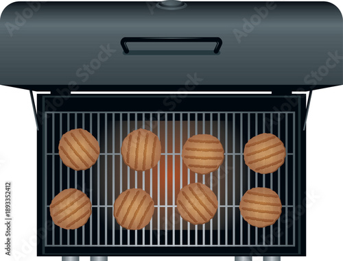 A vector illustration of a barbecue grill cooking patties with visible grill marks, showing a black lidded grill used for fast, direct-heat outdoor cooking.