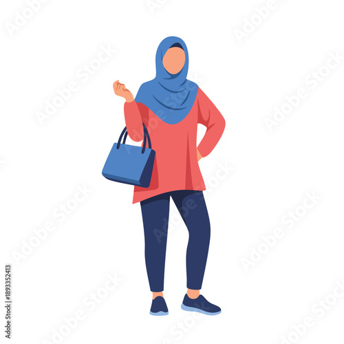 A cartoon illustration of a woman wearing a hijab and casual clothing, carrying a handbag, standing confidently with one hand on her hip and the other raised, against a clean white