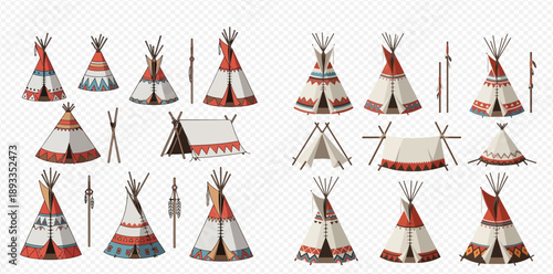 Collection of Native American teepees and tents, traditional tribal dwellings for indigenous people, vector illustration.