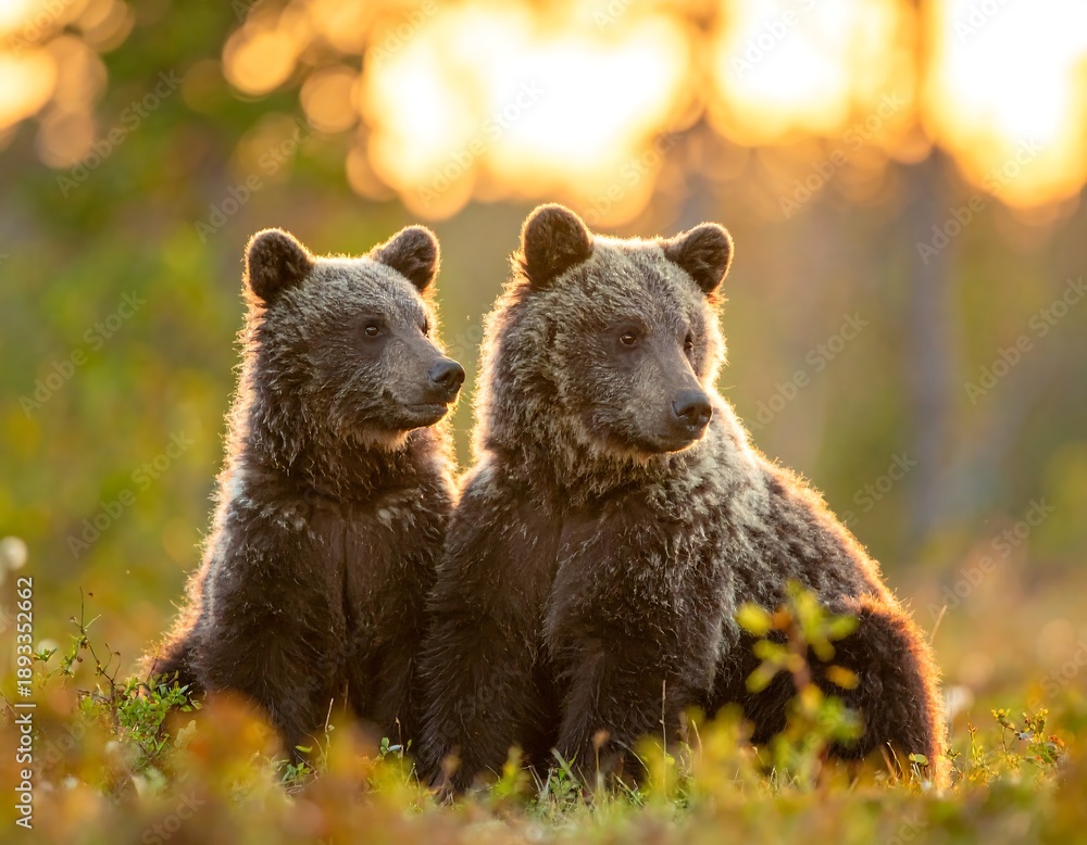 Fototapeta premium Two brown bear cubs sitting in a grassy field