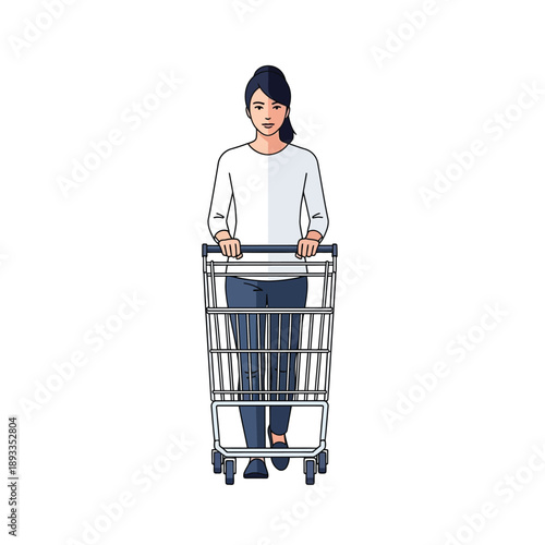 Woman pushing shopping cart full with items in supermarket aisle view