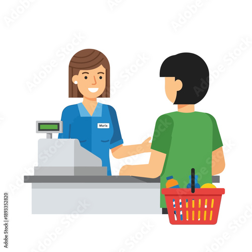 Cashier assisting customer at checkout counter with shopping basket nearby view